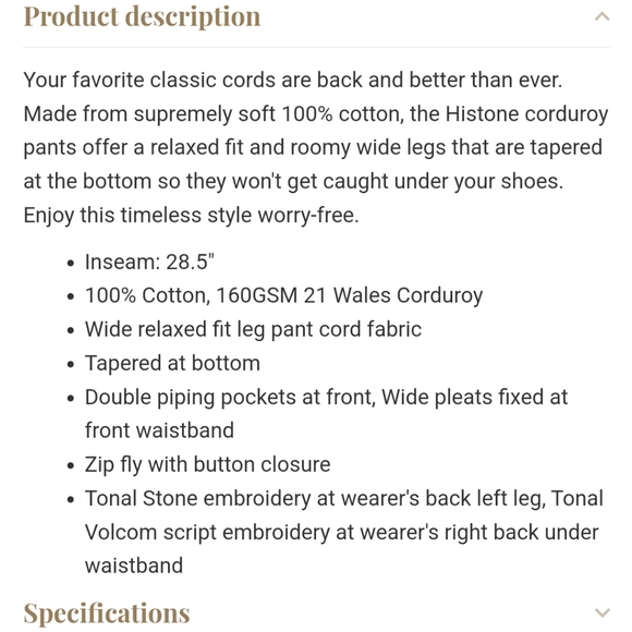 Volcom Histone Cord Pants US 28 - Picture 6 of 6